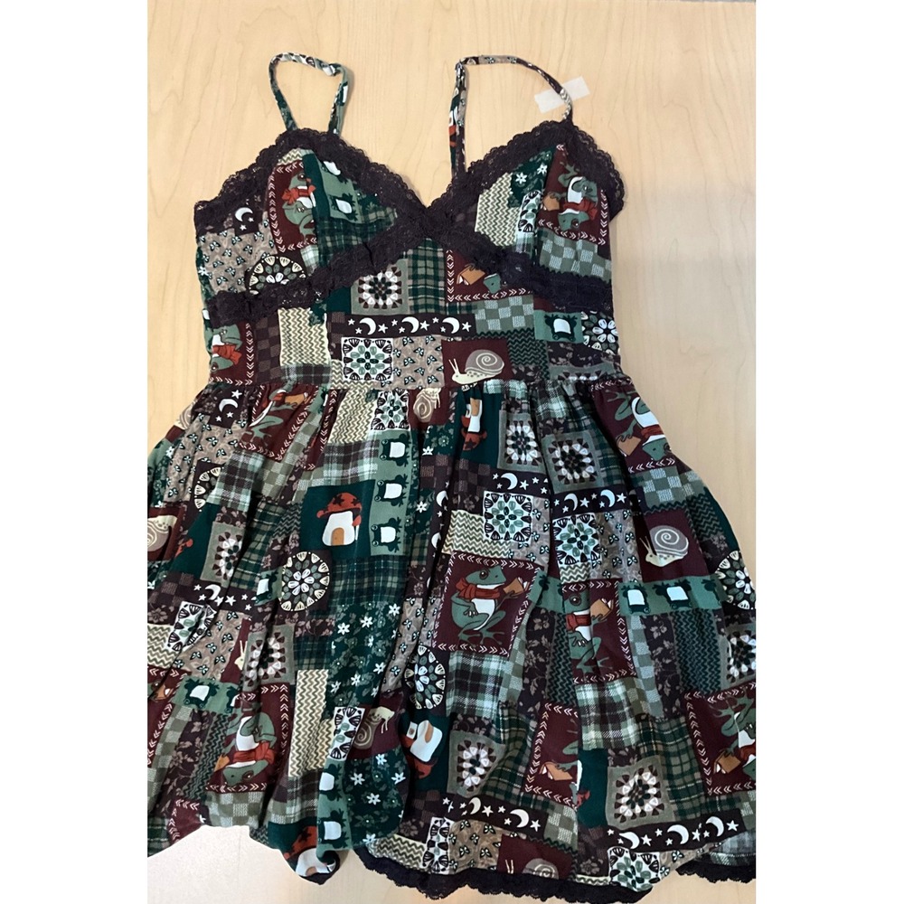 Thorn & Fable Frog Snail Mushroom Patchwork Lace Trim Mini Dress Medium